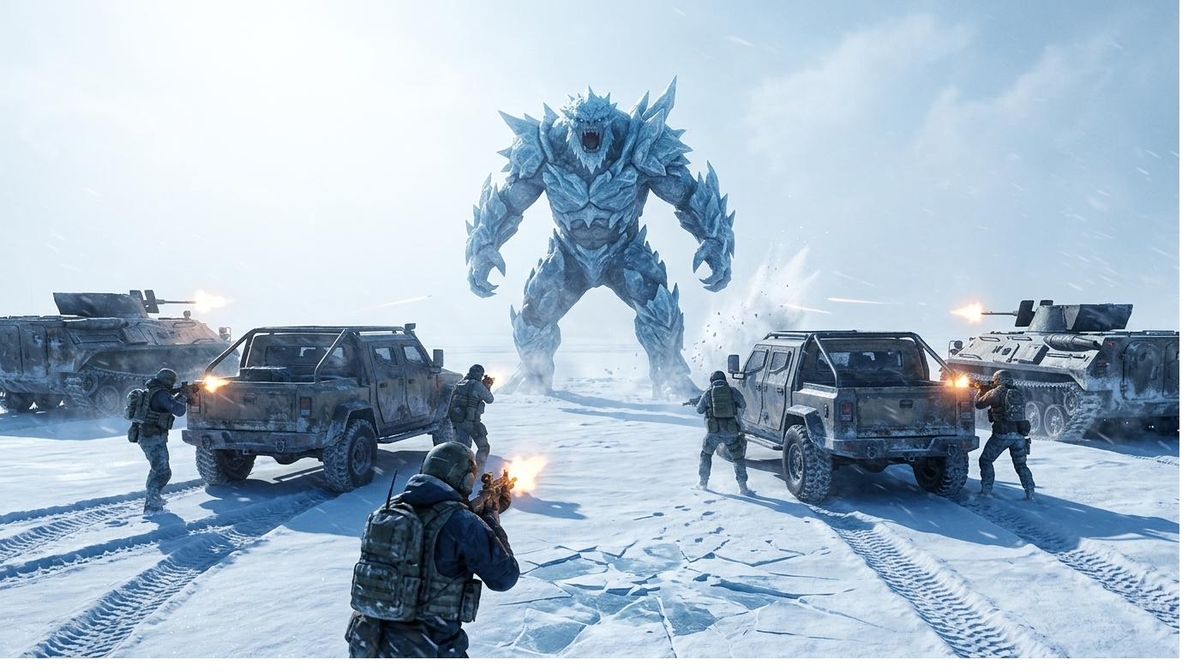 A drilled military formation engaging a towering Frostbane on the frozen plain