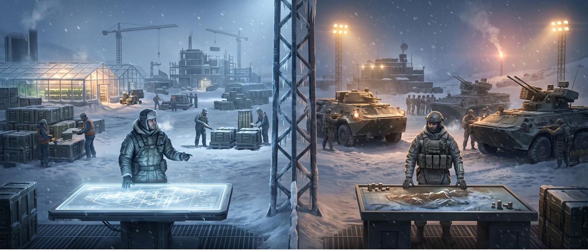Two commanders, one base: the Support half builds the engine, the Combat half arms it