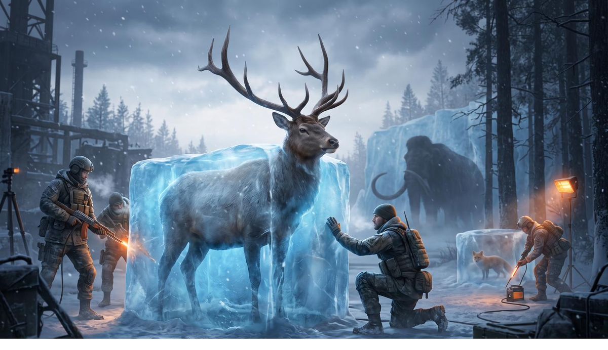 Soldiers carefully thawing a majestic elk from glowing ice; a mammoth and a fox wait deeper in