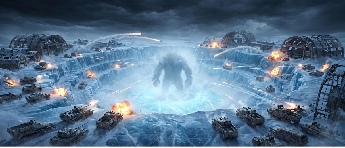 Rival columns converge on the vast glowing ice pit as the veiled boss stirs at its centre