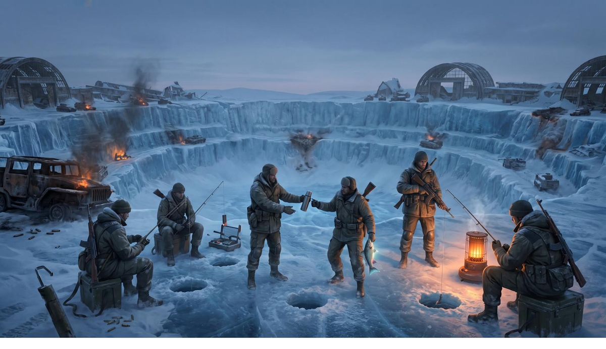 Hours after the battle, soldiers calmly ice-fishing in the captured pit beside a smouldering wreck