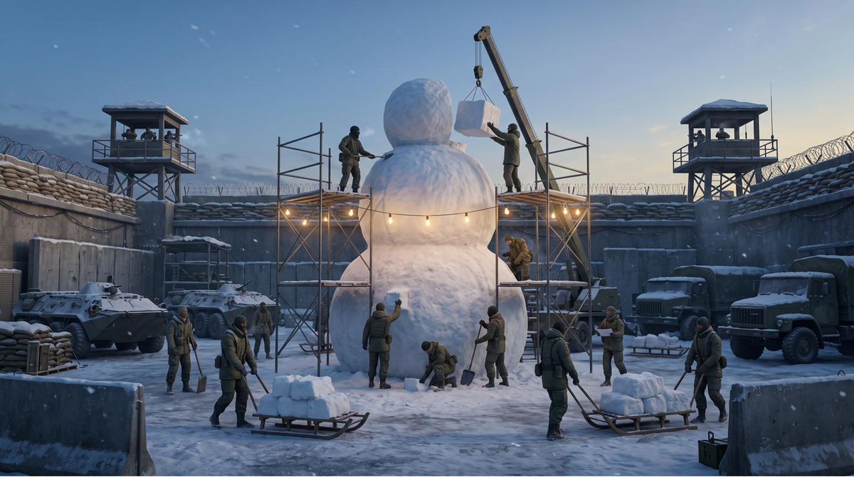 Troops and a crane building a huge snowman inside a fortified courtyard