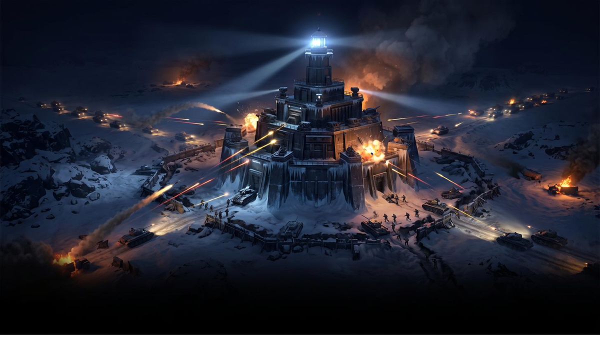 A lone fortified Alliance Center holds through a night assault, every attack lane converging on it
