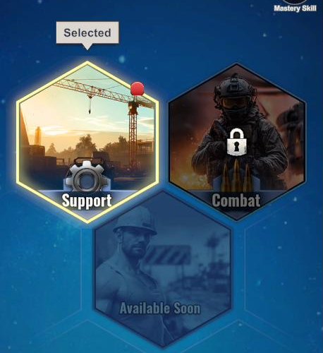 Mastery tree showing Support selected and Combat locked