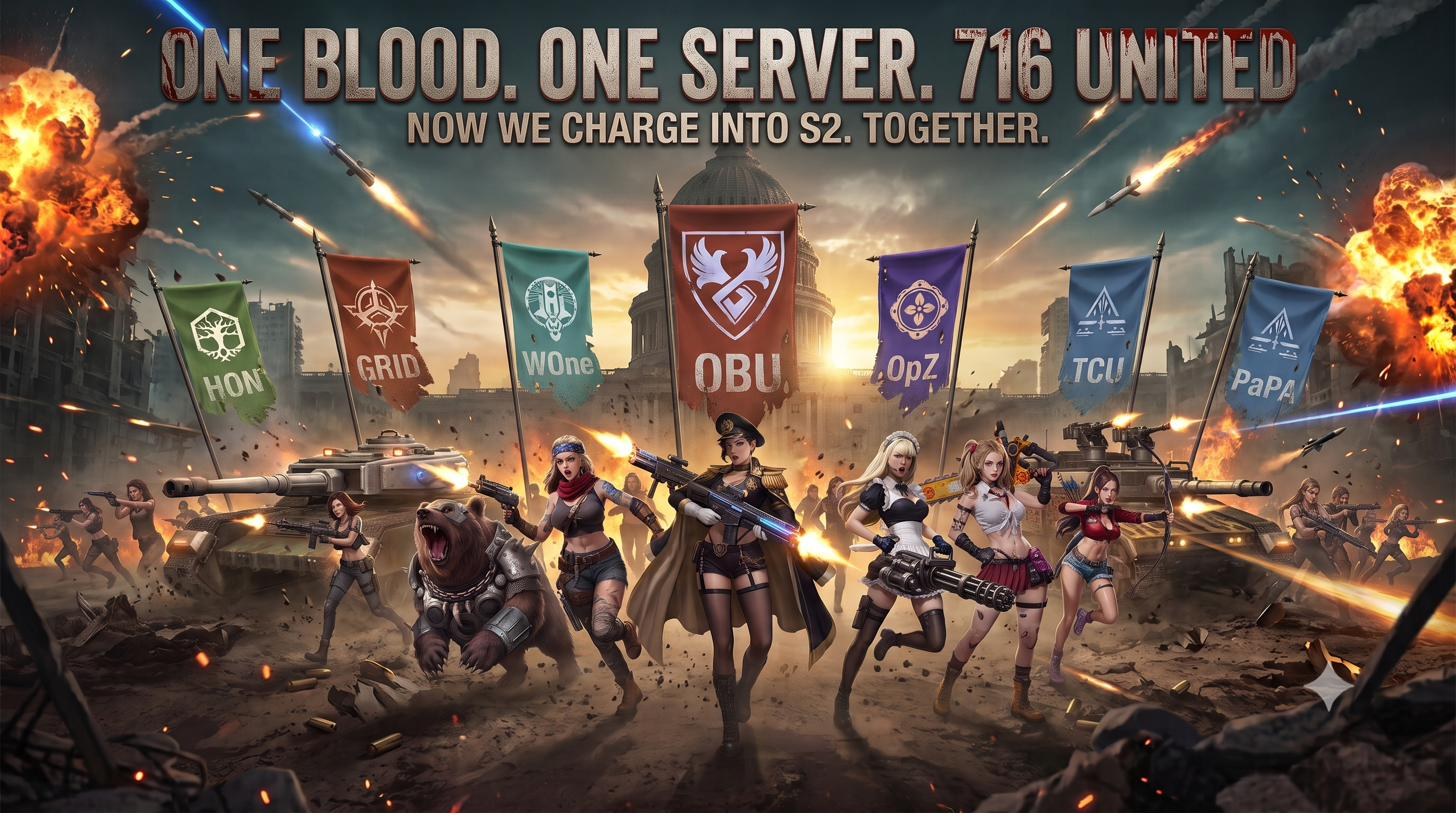 Seven alliance banners of Server 716 charging from the Capitol: HON, GRID, WOne, OBU, OpZ, TCU and PaPA. Headline: One Blood. One Server. 716 United. Now we charge into S2. Together.